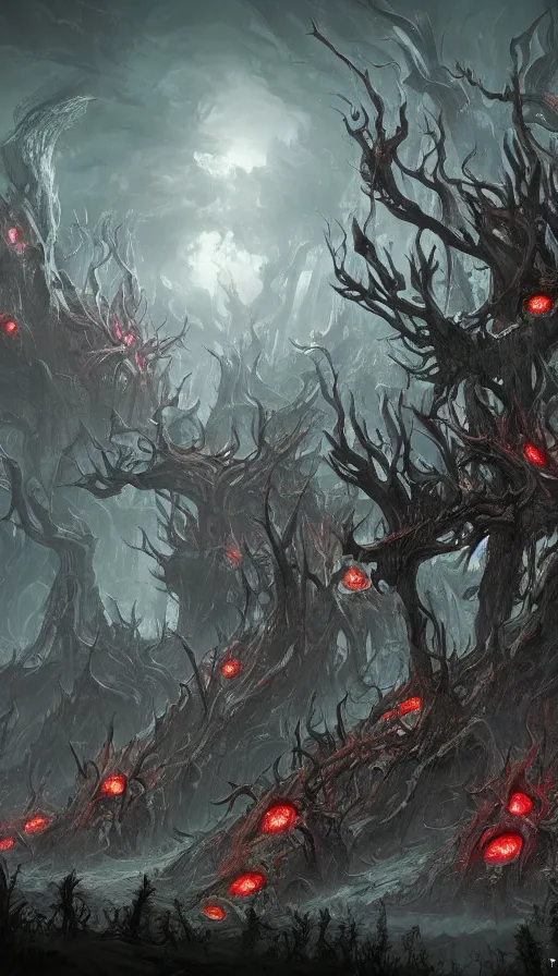 Prompt: a storm vortex made of many demonic eyes and teeth over a forest, by blizzard concept artists