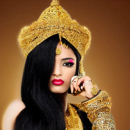 Prompt: aesthetic!!!!!! Female genie in Arabic clothing, black skin, long black hair, gold tint, frontal pose, super resolution, graphex camera!!!!!!!!!!!! Full-length view,