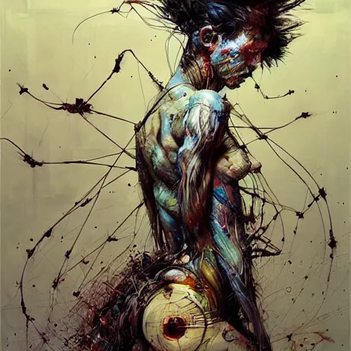 Prompt: the last wanderer of earth, post - apocalyptic wasteland, wires cybernetic implants, in the style of adrian ghenie, esao andrews, jenny saville, surrealism, dark art by james jean, takato yamamoto