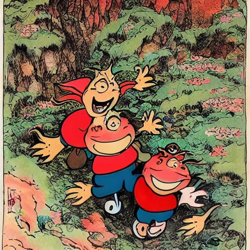 Image similar to Professional art, a stunning illustration of red goblins carrying a prisoner to a cave on a mountainside illustrated by Dr Suess and Takashi Murakami