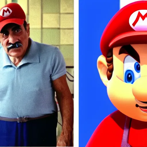 Image similar to mario as an italian plumber in real life, no cgi or cartoon faces, purely human super mario at age 7 0