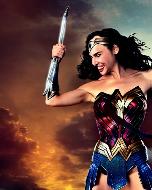 Image similar to gal gadot as she crinkles her nose while laughing, dressed as wonder woman, photorealistic, hdr, color, hyperreal