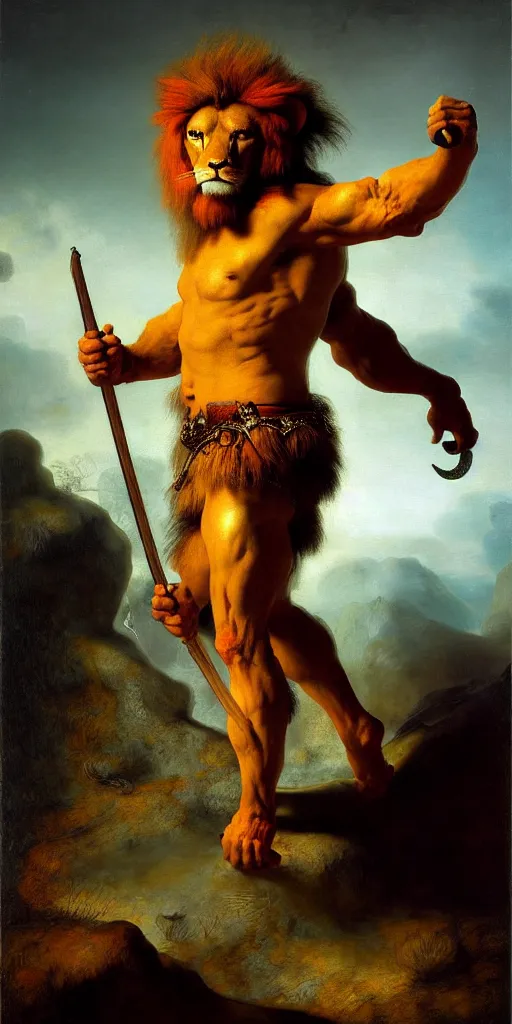 Prompt: muscular lion barbarian crab hunter full body pose, sun rays , small bird sihouettes in cyan background , very textured detailed oil painting by rembrandt , hard backlight , in dark cave