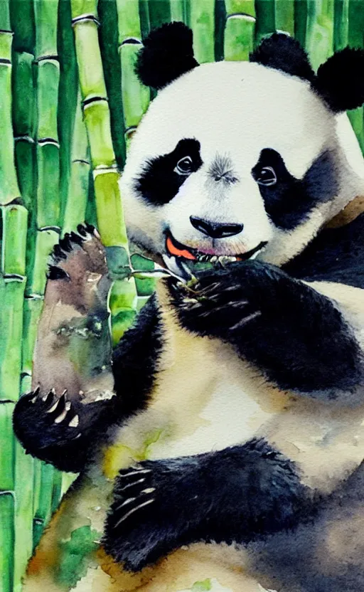 Prompt: a watercolor painting of a panda eating bamboo, dynamic lighting, photorealistic, ambient lighting, atmospherical, stunning visuals, trending on art station