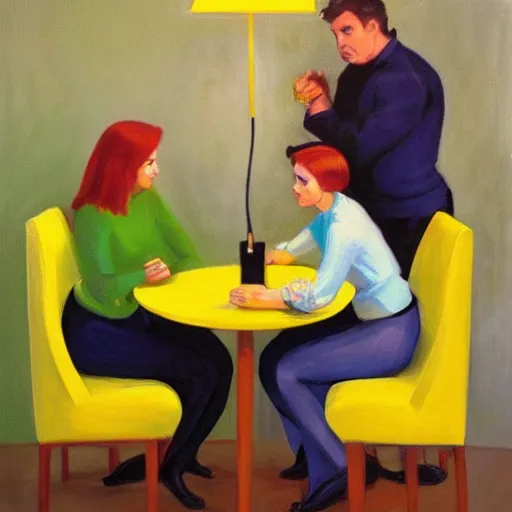 Image similar to by michael malm electric yellow, powerpuff girls. a computer art of two people, a man & a woman, sitting at a table. the man is looking at the woman with interest. the woman is not interested in him. there is a lamp on the table between them.