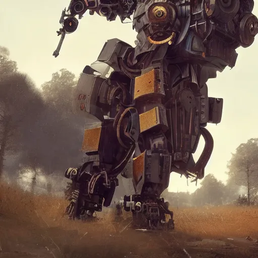 Image similar to a walking mechanical goliath with alot of guns moving through an open field, au naturel, hyper detailed, digital art, trending in artstation, cinematic lighting, studio quality, smooth render, unreal engine 5 rendered, octane rendered, art style by klimt and nixeu and ian sprigger and wlop and krenz cushart