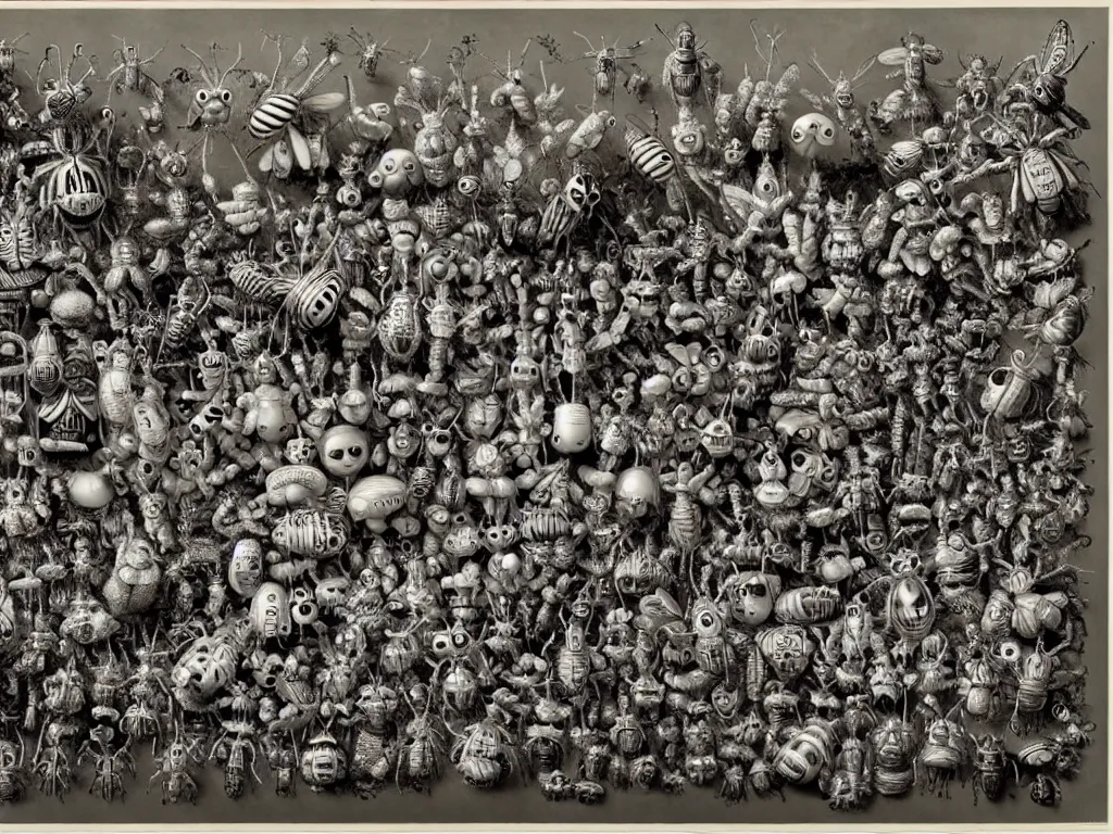 Image similar to by laurie lipton, a bunch of toys that are in the air, polycount, rococo, made of insects,