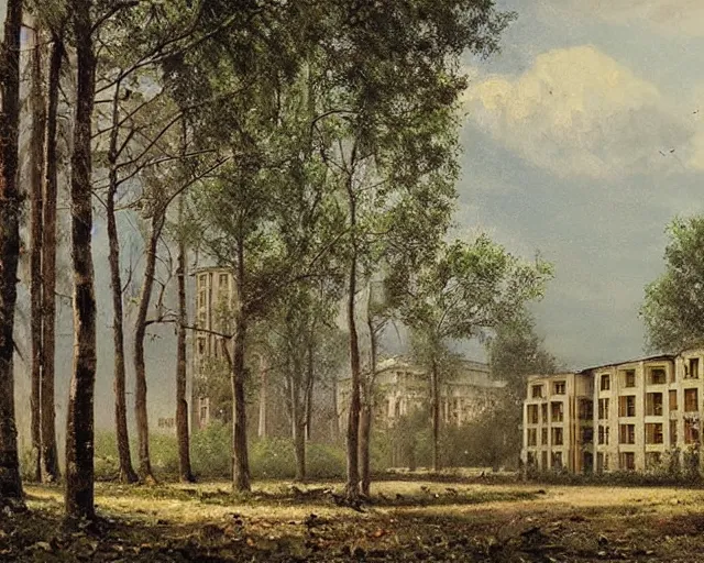 Image similar to beautiful matte painting of cute soviet block of flats hrushevka in end of forest by ivan shishkin