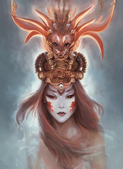 Prompt: a beautiful detailed oil on copper art illustration of a japanese oni kitsune mask devil woman, centered, by charlie bowater, zeng fanzh, trending on artstation, dim dusk lighting, cinematic lighting, detailed lighting, volumetric lighting, realistic, f 8, 4 k hd wallpaper