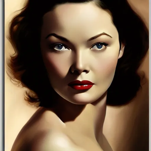 Image similar to young beautiful Gene Tierney color studio publicity photo , tight face shot portrait, highly detailed, digital painting, artstation, concept art, sharp focus, illustration, art , by norman rockwell