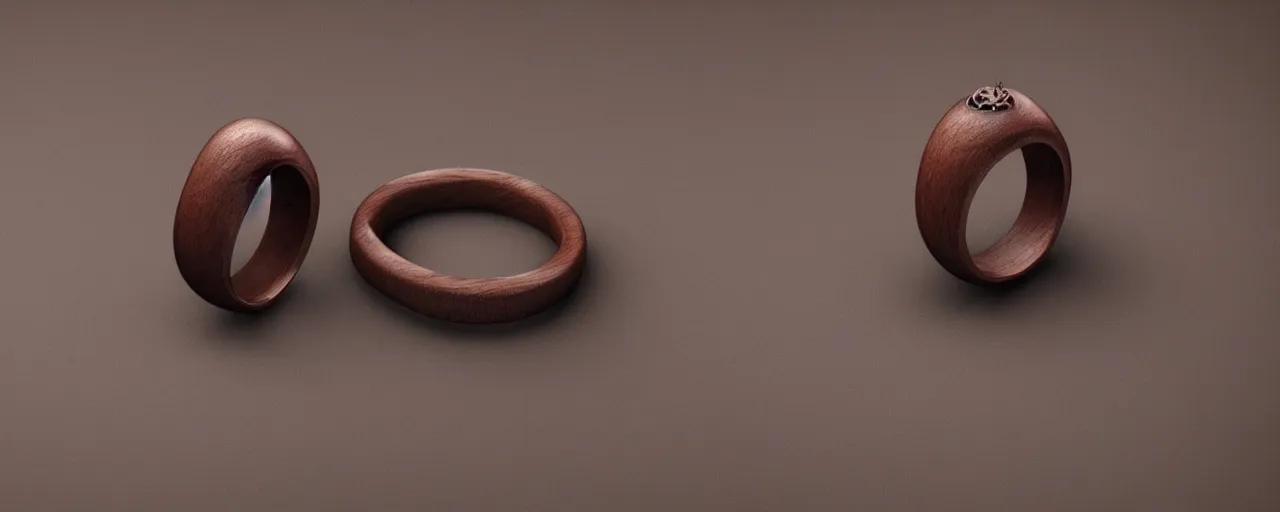 Prompt: simple wooden ring with a leather ornament, ring, wood, leather, smooth shank, engravings, product design, jewelry, art by gerald brom, greg rutkowski and artgerm and james jean and zdzisław beksinski, 8 k, unreal engine, c 4 d
