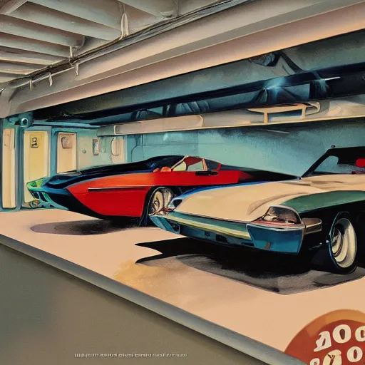 Image similar to detailed details photorealistic pictures of car garage in the style of bob peak and alex ross, gouache and wash paints color, detailed details object proportionate, detailed 5 k details.