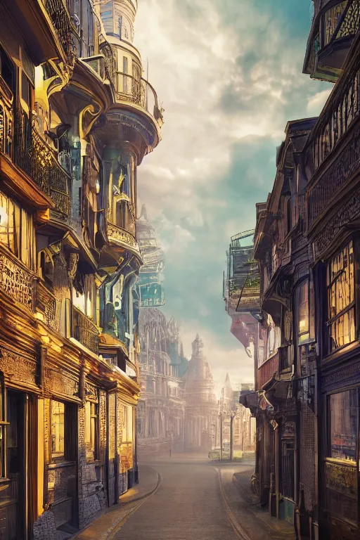 Image similar to a futuristic victorian city street, national geographic cover, award winning, 4 k, smooth, bright, light, colorful, victorian, futuristic,