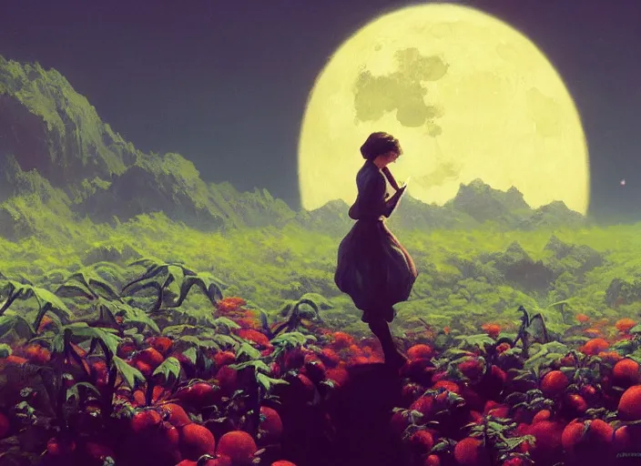 Image similar to gorgeous inspiring girl on the moon caring for tomato plants inside a crater filled with smoke, planet Earth in the sky by Craig Mullins, ilya kuvshinov, krenz cushart, artgerm trending on artstation by Edward Hopper and Dan Mumford and WLOP and Rutkovsky, carl spitzweg and moebius, Unreal Engine 5, Lumen, Nanite