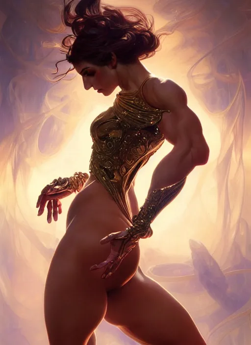 Prompt: muscular goddess dancer of the underworld, shiny, intricate, elegant, higly detailed, ultra definition, digital painting, artstation, vray, concept art, smooth, high speed photography, illustration, art by artgerm and greg rutkowski and alphonse mucha and james jean