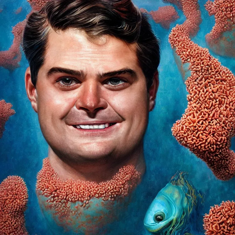 Prompt: Hyperrealistic intensely colored close up studio Photograph portrait of deep sea bioluminescent Congressman Matt Gaetz, symmetrical face realistic proportions eye contact, Grinning in a coral reef underwater tentacles barnacles, award-winning portrait oil painting by Norman Rockwell and Zdzisław Beksiński vivid colors high contrast hyperrealism 8k