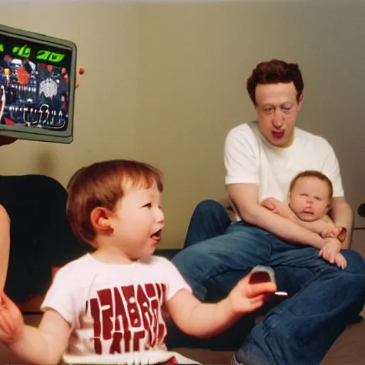 Image similar to baby mark zuckerberg playing sega genesis with baby elon musk while their parents look on. 3 5 mm photograph