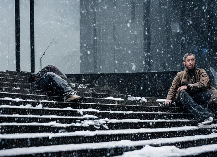 Image similar to bladerunner 2049 man lying on concrete stairs, snowing snowy stairs. sad melancholic scene. 65mm camera uncropped man centered.