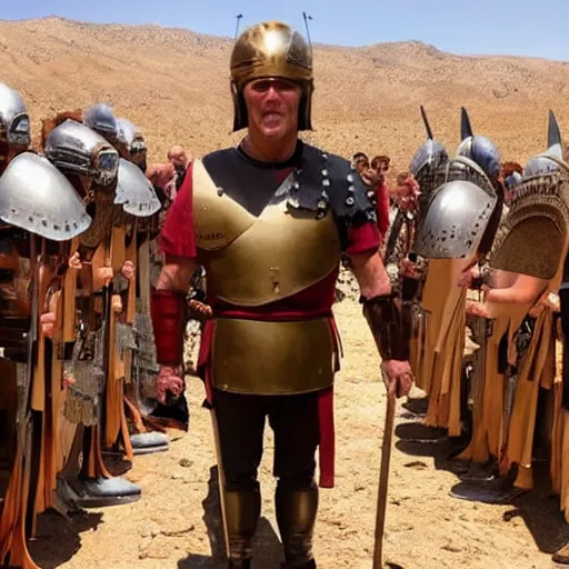 Image similar to joe biden wearing a roman helmet whilest standing infront of a roman army in the desert.