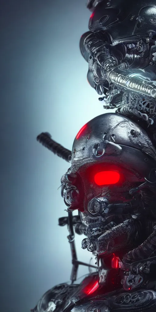 Image similar to ultra realistic and intricate detailed photograph of a cyborg samurai surrounding by neon lights, hyperrealistic, detailed, depth of field, High definition, 8k, depth of field, octane render, artstation