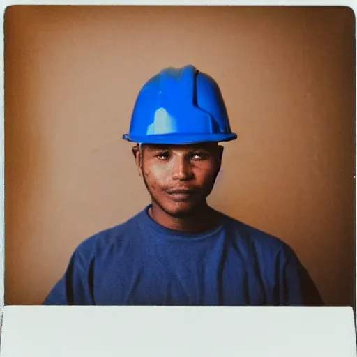 Image similar to a polaroid photo of man using a laptop inside in warehouse, he sitting on chair and small table, he's wearing blue cloth and construction hat, photo from behind, high details, perfect face shape