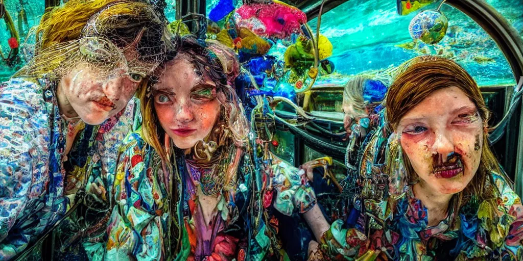 Prompt: detailed colourful masterpiece of photography couple portrait sat down extreme closeup, inside a beautiful underwater train, detailed realistic expressions, wearing unusual clothes, by ford maddox brown