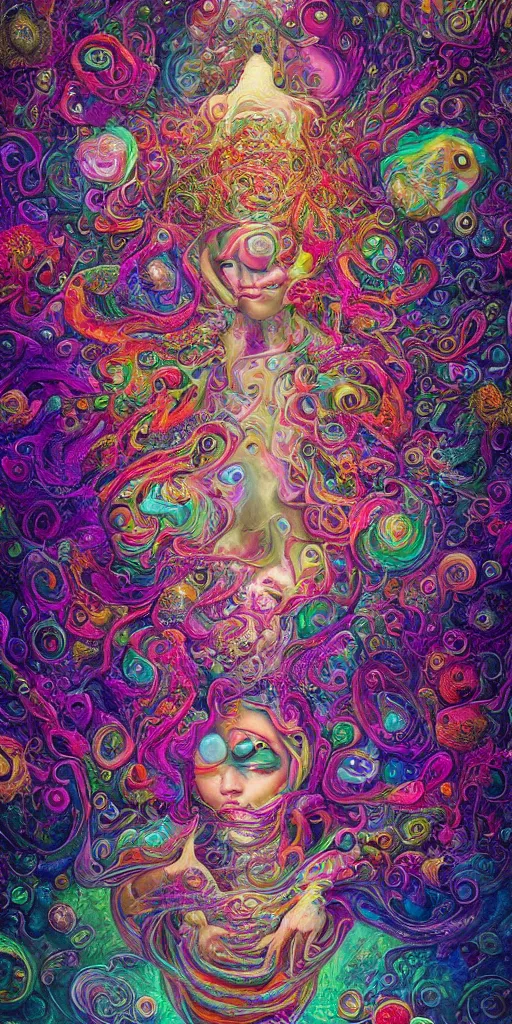 Image similar to a beautiful acrylic painting of deep psychedelia portraying universal consciousness of the infinite by hanna yata, geenss archenti flores, ben ridgway, intricate, elegant, highly detailed, digital painting, artstation, concept art, ambient occlusion, vray render,