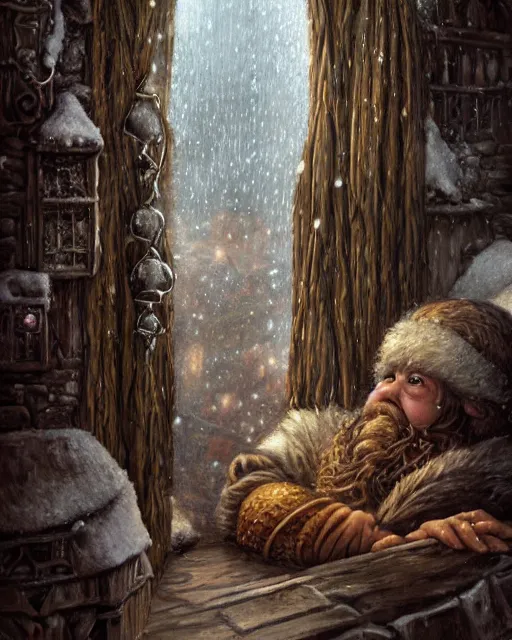 Prompt: A hearty chubby nice dwarven woman at her home looking through the window to a snowstorm outside, highly detailed complex braided hair, realistic, beautiful, fantasy art, dungeons and dragons, lord of the rings, in the style of jeff easley and thomas kinkade, illustration, very cozy, fantasy, intricate, hyper detailed, artstation, concept art, smooth, sharp focus, ray tracing, vibrant