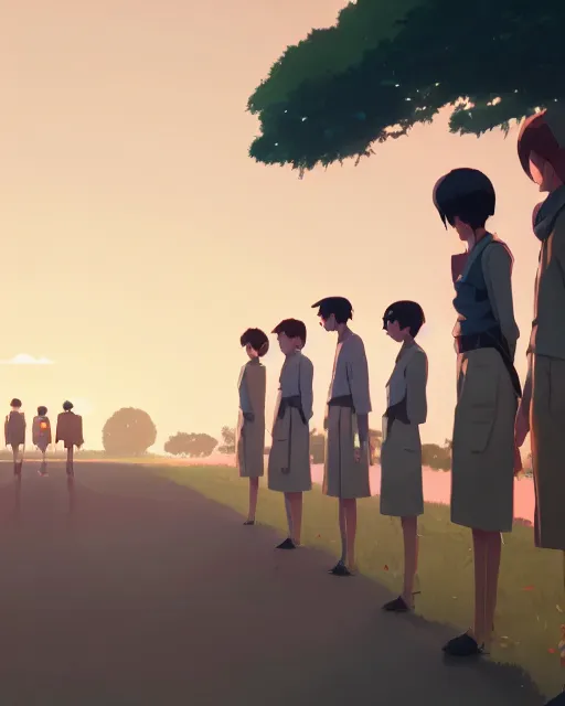 Prompt: a line of male statures lined up, james gilleard, atey ghailan, makoto shinkai, goro fujita, studio ghibli, rim light, exquisite lighting, clear focus, very coherent, plain background, soft painting