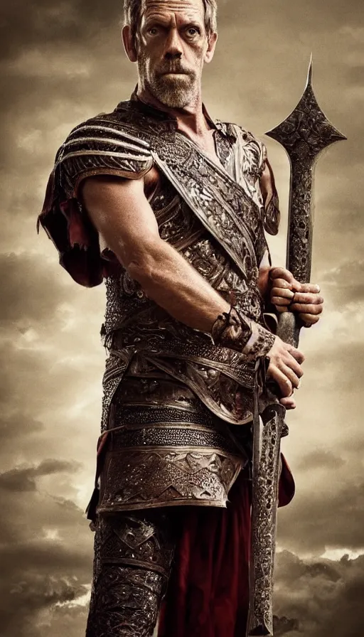 Prompt: hugh laurie as the warrior king, masculine, sweaty, intricate, dressed as a king ready for battle holding his great sword, various camera angles, heartthrob, hero, intricate, symmetrical features, full body, highly - detailed,