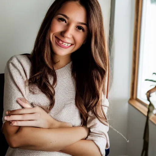 Image similar to Photograph of April, a cute young woman, long shiny bronze brown hair, full round face, green eyes, medium skin tone, light cute freckles, light blush, smiling softly, wearing casual clothing, interior lighting, cozy living room background, medium shot, mid-shot, hyperdetailed, hyperreal,