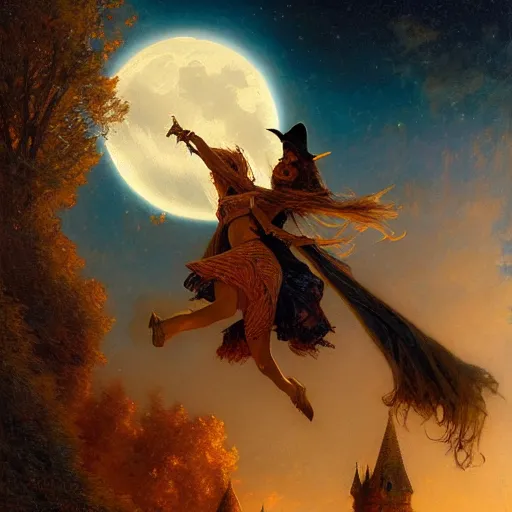 Prompt: witch magically flying trough the night, fantasy, full moon in background. highly detailed painting by gaston bussiere, craig mullins, j. c. leyendecker 8 k