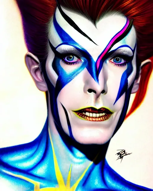 Image similar to moira from overwatch, david bowie lightning bolt face paint, character portrait, portrait, close up, highly detailed, intricate detail, amazing detail, sharp focus, vintage fantasy art, vintage sci - fi art, radiant light, caustics, by boris vallejo