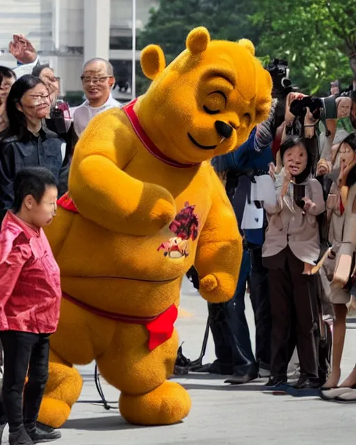 Image similar to president xi jinping as winnie the poo, prosthetics and animatronics designed by rick baker, highly detailed, photorealistic