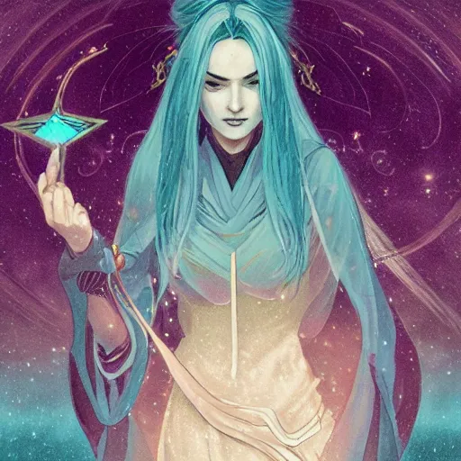Prompt: a beautiful tarot card of sona with teal colored hair with deep red highlights as a jedi, space fantasy, in the style of magic the gathering, intricate, elegant, highly detailed, digital painting, artstation, concept art, matte, sharp focus, illustration, art by hokusai and jeong seon