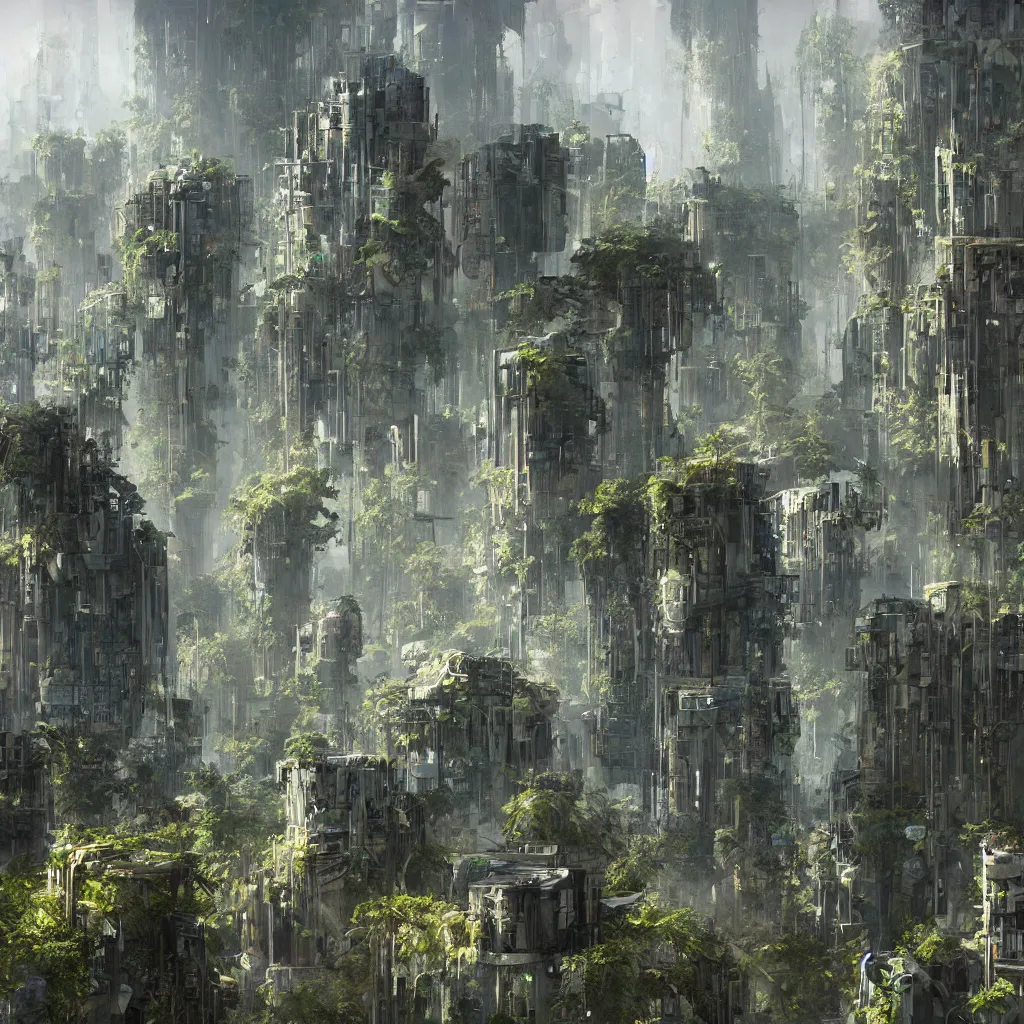 Image similar to A vertical city with multiple outdoor layers with varying amounts of vegetation with big windows and visible parks and mountains background, brutalist architecture, craig mullins style, solarpunk, concept art