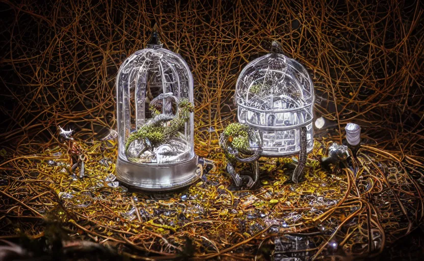 Prompt: highly detailed ornate filigreed convoluted ornamented elaborate biopunk small rat, full body, chrome, glass domes, glass panes, glowing lights, fronds, branches, dramatic lighting, product photography, character design, simple brutalist concrete environment