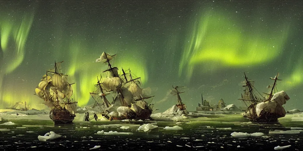 Prompt: digital painting of a 18th century ship stuck in ice on a cold sea at night. Sharp focus. Northern lights. Cinematic composition. Highly detailed. Low light, high contrast. Starry sky.