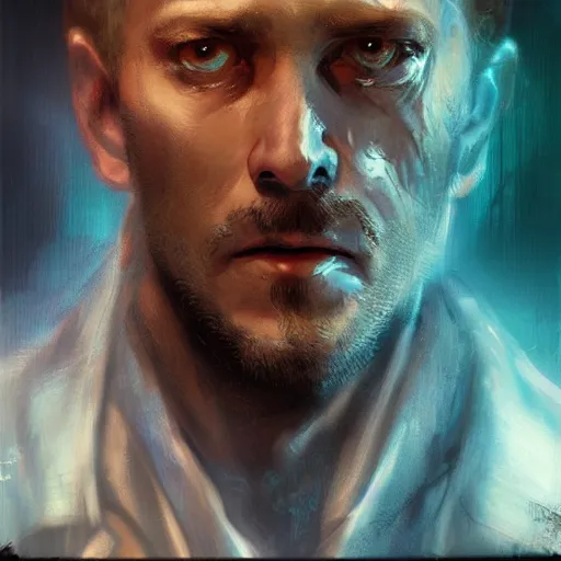 Image similar to henry dorsett case, middleaged shaggy gay, smoker, hacker, cyberpunk, painted by seb mckinnon, high detail, dramatic light, digital art, painted by greg rutkowski, promotional movie posterart, trending on artstation