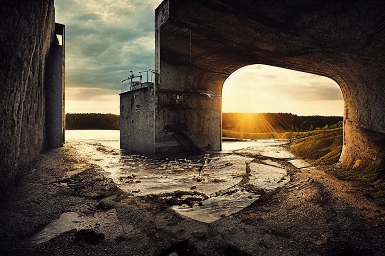 Prompt: an abandoned water - filled lime quarry. the water filled quarry is located in oland, sweden. golden hour, portrait, dslr, 3 5 mm, wide angle, the happiest childhood summer memories, magical realism photograph by erik johansson