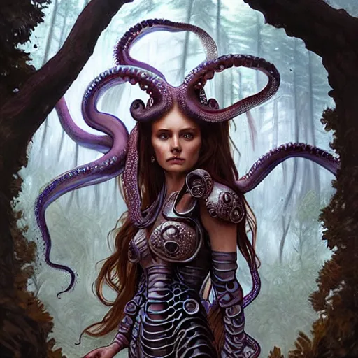 Prompt: photo of a humanoid octopus hybrid were a heroic dress an armour in the forest, @ @ lenin face @ @, long hair, highly detailed, digital painting, artstation, smooth, sharp focus, illustration, art by artgerm and greg rutkowski and alphonse mucha