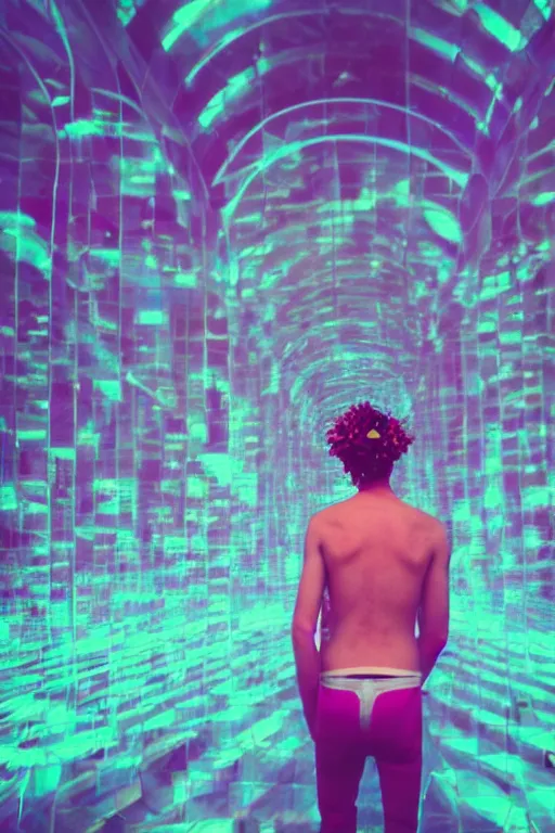 Prompt: agfa vista 4 0 0 photograph of a skinny guy in a hall of mirrors, futuristic, synth vibe, vaporwave colors, lens flare, flower crown, back view, moody lighting, moody vibe, telephoto, 9 0 s vibe, blurry background, grain, tranquil, calm, faded!,