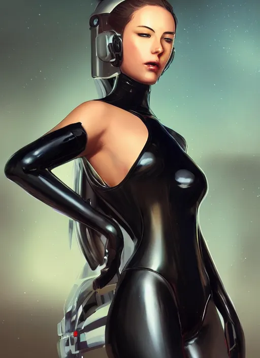 Image similar to Digital portrait of a female mech pilot in a black latex bodysuit, by Charlie Bowater, Ross Tran, WLOP, concept art, Artstation, bokeh background, complementary rim lighting, posing, no helmet