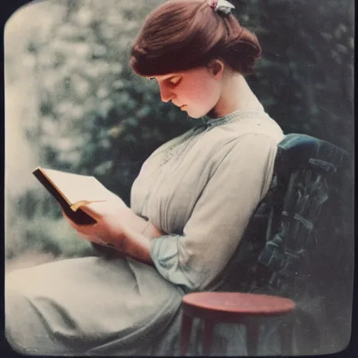 Image similar to a vintage 1 9 0 0 s kodachrome slide portrait of a young woman reading a book.