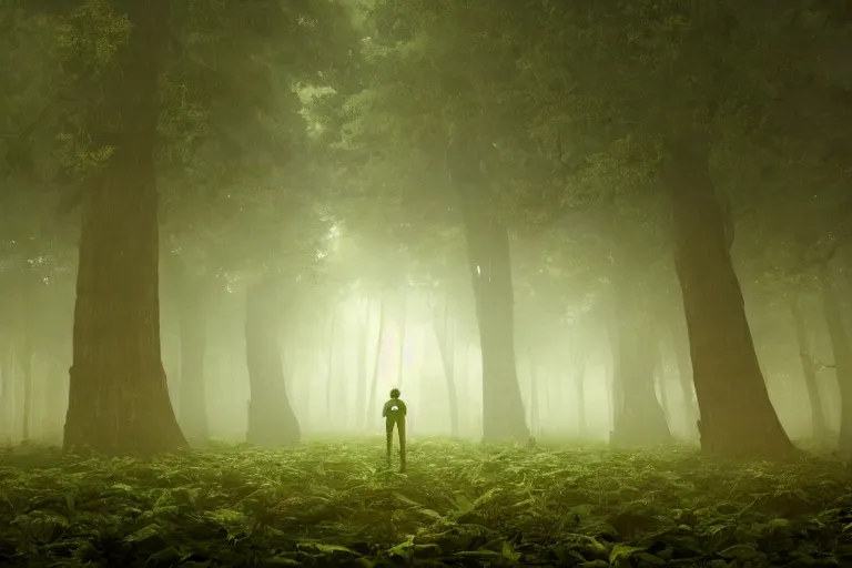 Image similar to a complex organic fractal 3 d ceramic humanoid megastructure in a lush forest, foggy, cinematic shot, photo still from movie by denis villeneuve