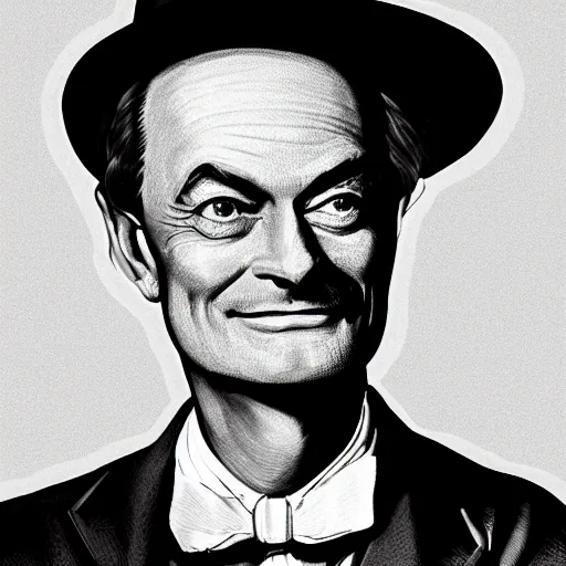 Prompt: hyper futuristic richard feynman with hat and moustache, portrait digital art 4 k masterpiece
