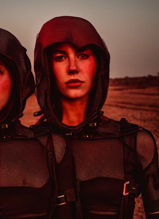 Image similar to cinestill 5 0 d photographic portrait of two scandalous loving female androids wearing rugged black mesh techwear on a desolate plain with a red sky, extreme closeup, cyberpunk style, garters, dust storm, 8 k, hd, high resolution, 3 5 mm, f / 3 2, ultra realistic faces, ex machina