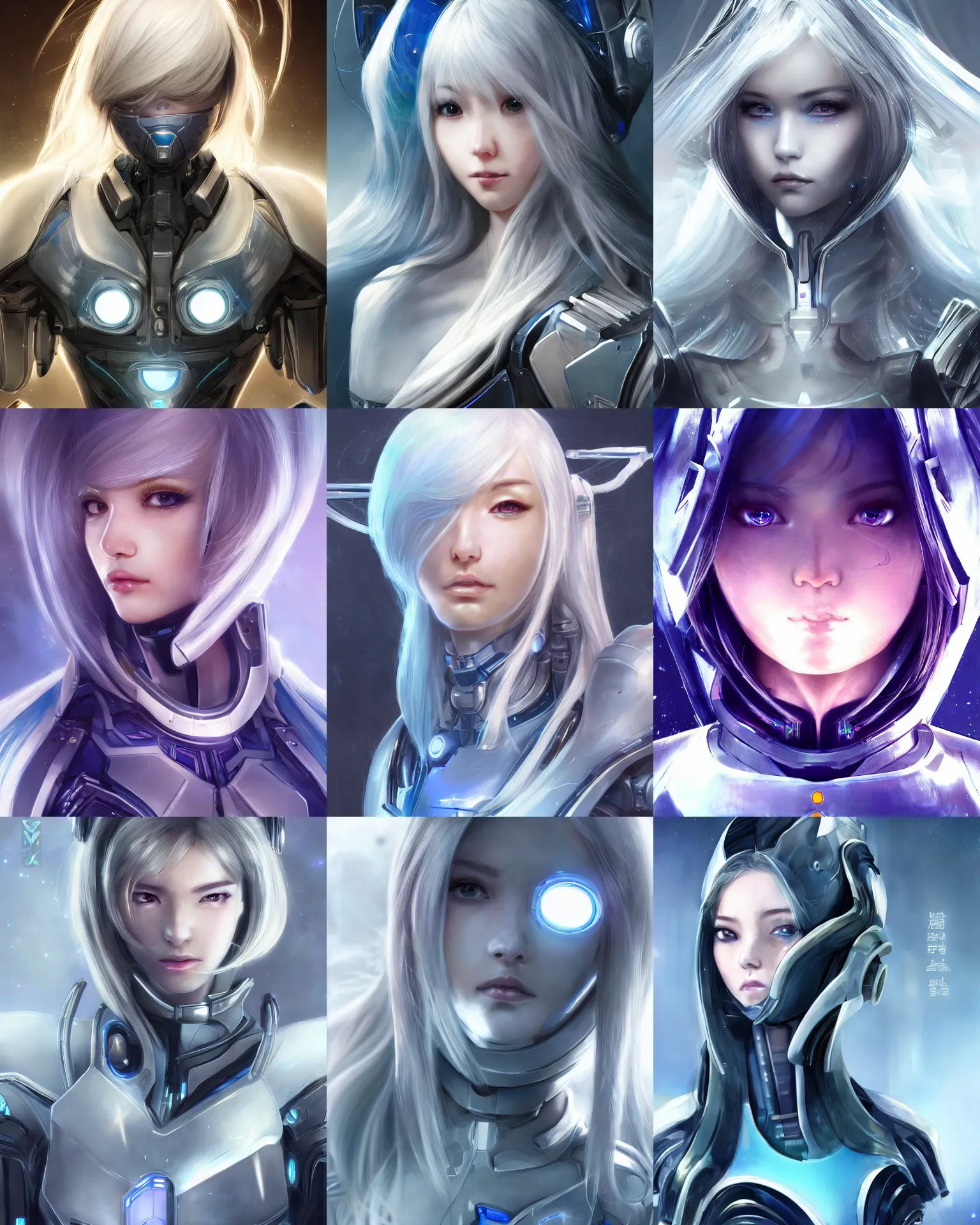 Prompt: detailed portrait of perfect android girl, warframe armor, beautiful face, scifi, futuristic, space station, laboratory, song hye - kyo, dreamy, long white hair, blue cyborg eyes, cinematic lighting, innocent, highly detailed, sharp focus, smooth, artstation, intricate, award winning, pure aura, utopia, by akihiko yoshida