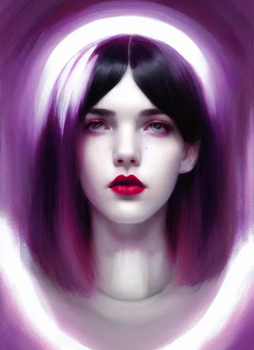 Image similar to portrait of pale teenage girl, red irises, black hair, white bangs, purple lipstick, white bangs, bangs, intricate, elegant, glowing lights, highly detailed, digital painting, artstation, concept art, smooth, sharp focus, illustration, art by wlop, mars ravelo and greg rutkowski