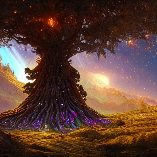 Prompt: matte painting of a beautiful tree with a shining cristals in its center and opulent crystals! at it's base set in an alien landscape, by Pail Lehr and Dan Mumford and Dan Hillier, octane rendered, 8k resolution,